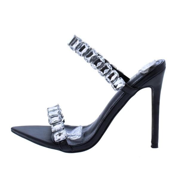 CapeRobbin Double Strap Rhinestone Heel Mule Black - Picture 5 of 9